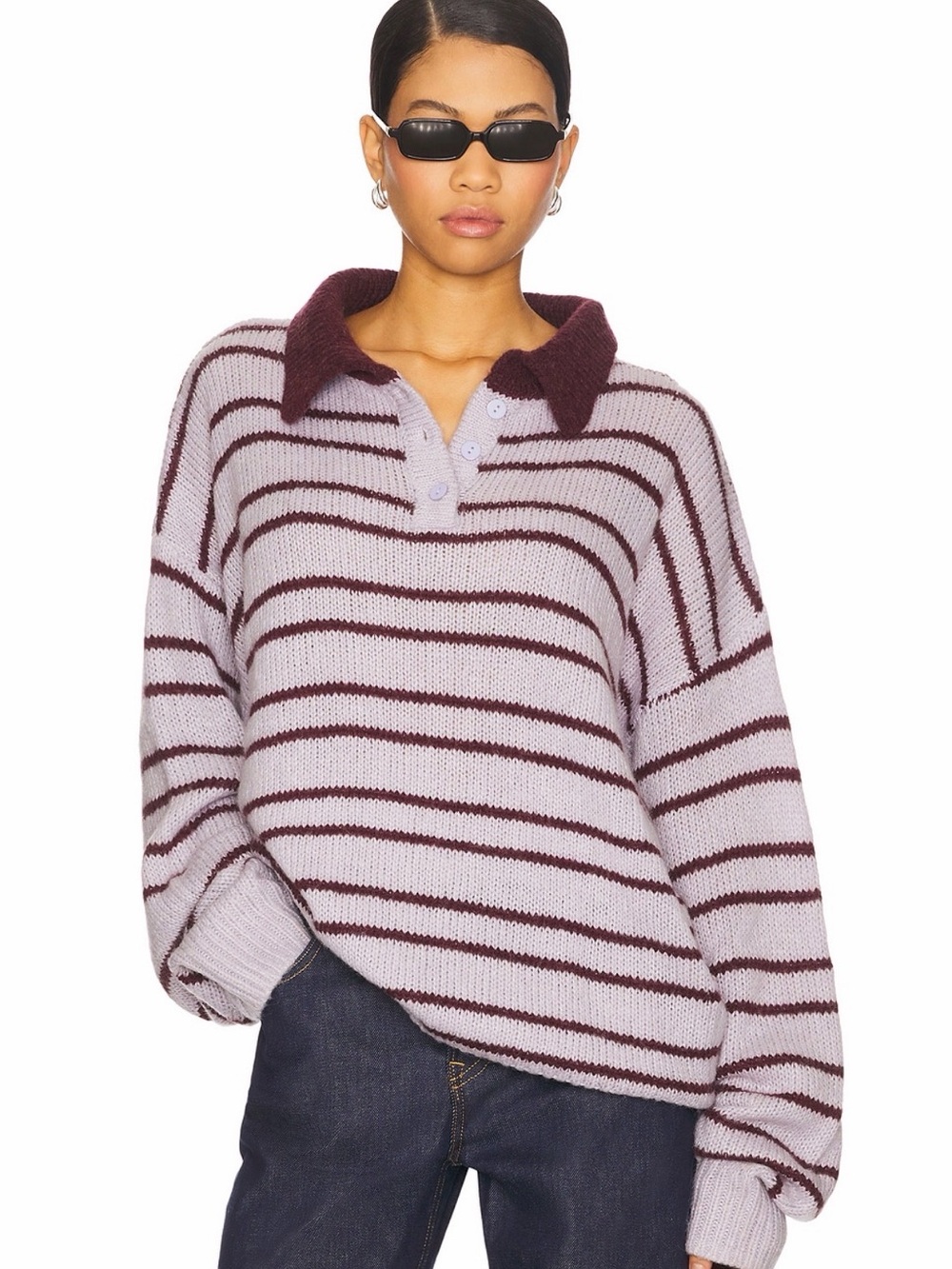 Striped Lavender & Burgundy Collared Knit Sweater